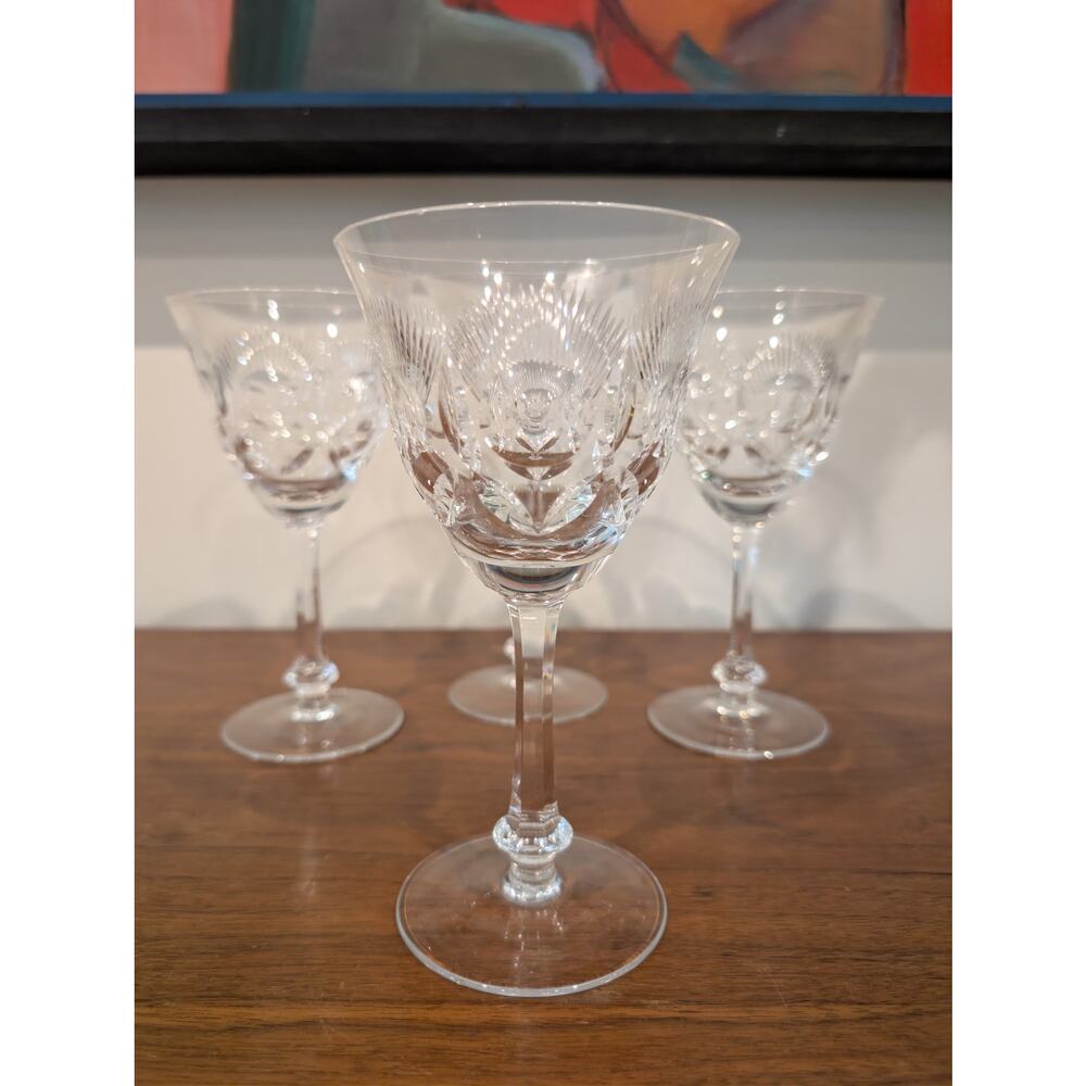 Set of 4 Elegant Mid-Century Wine Crystal Glasses - Art Deco Style - MINT